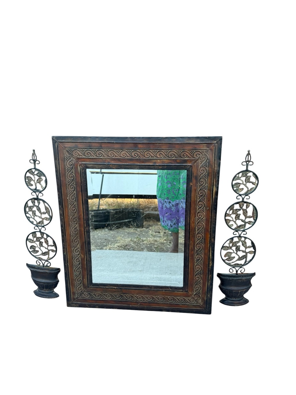 Rustic Brown Framed Wall Mirror Sconce Set ~ 3Pc.
